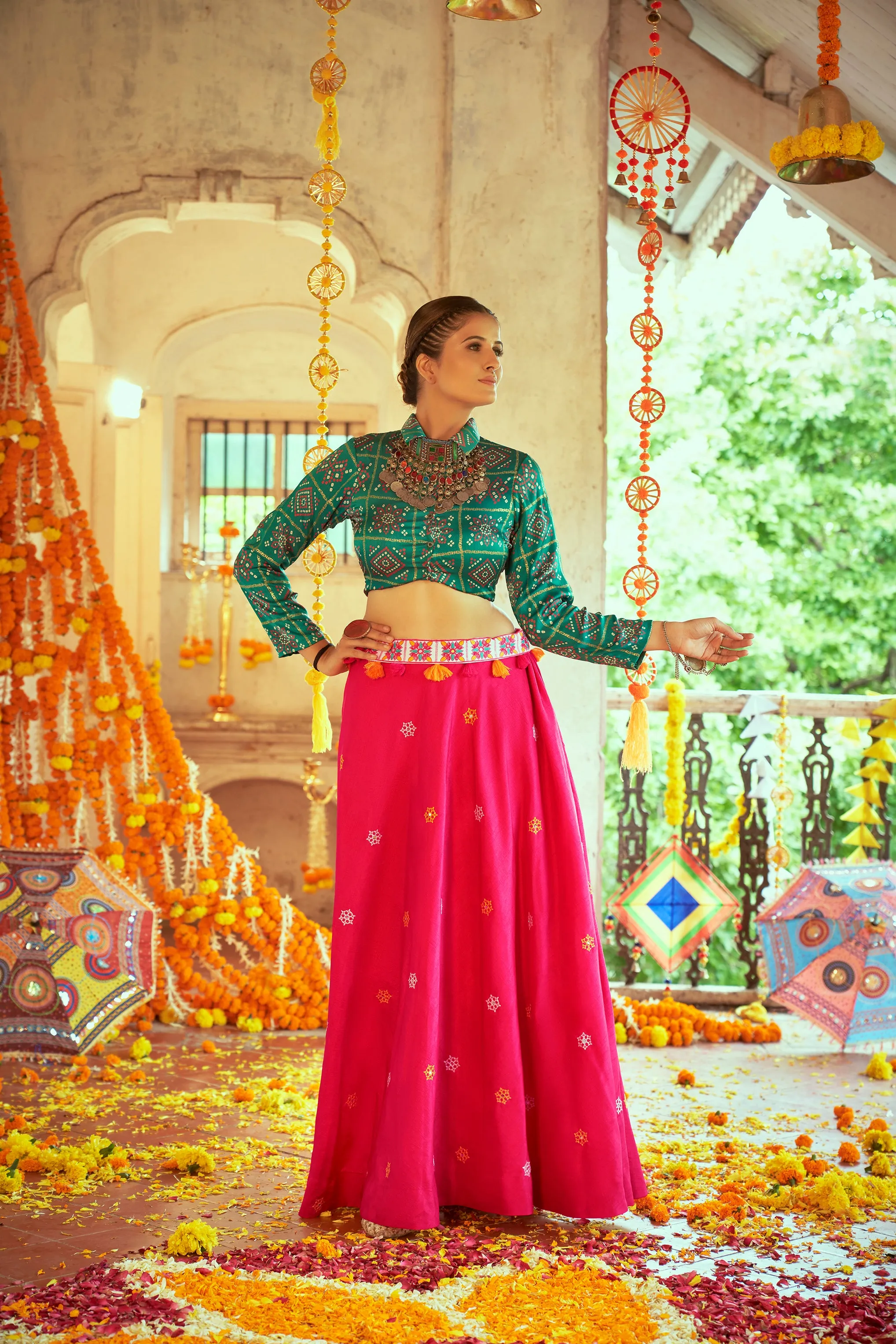 Green With Pink Color Navratri Special Ready To Wear Crop top Lehenga