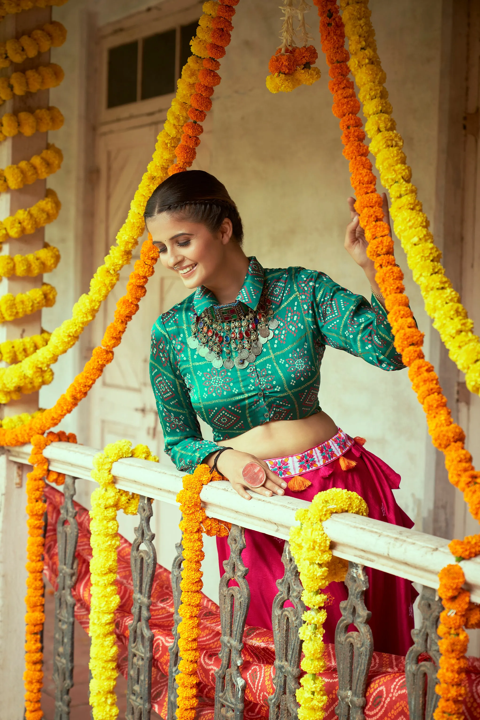 Green With Pink Color Navratri Special Ready To Wear Crop top Lehenga