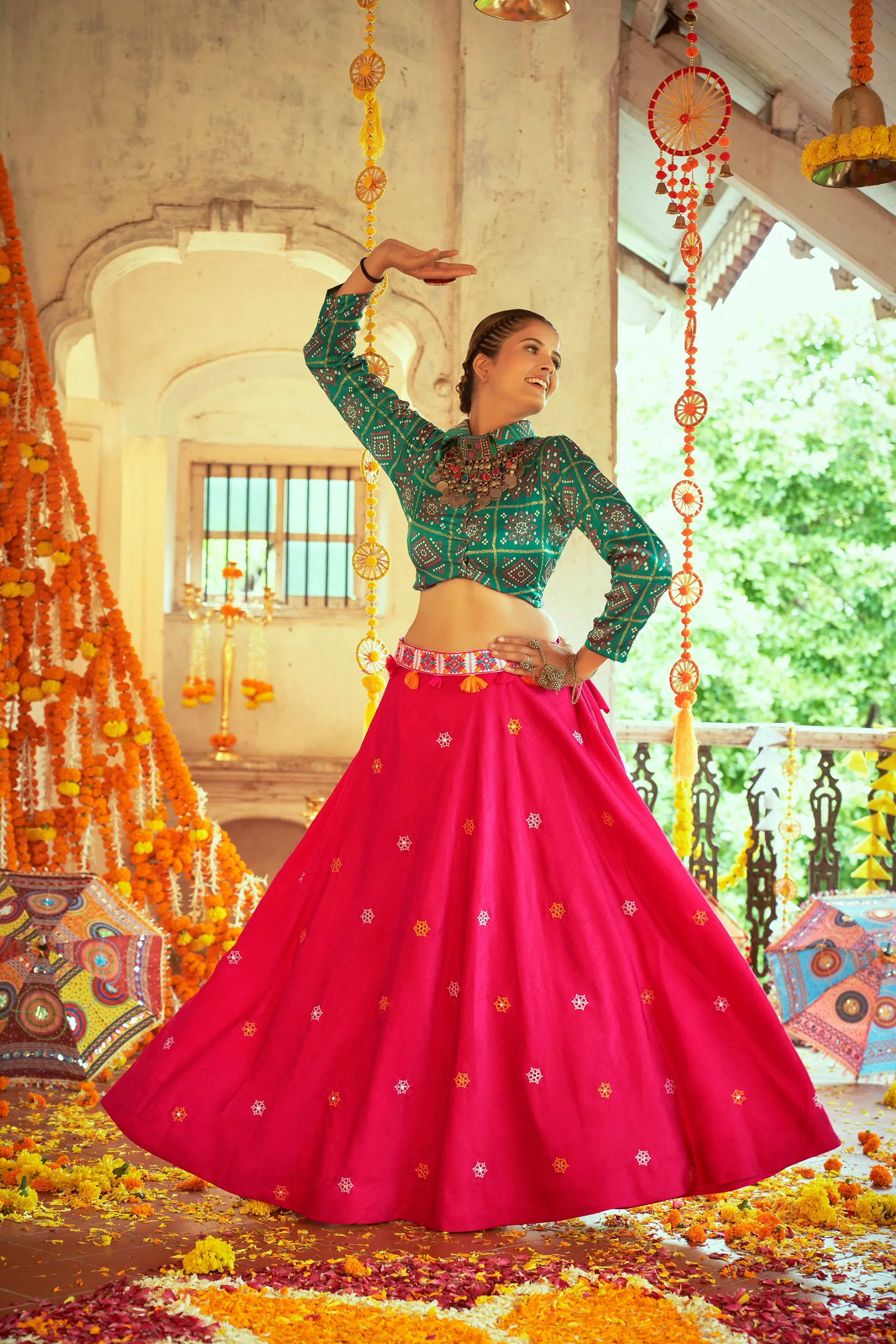 Green With Pink Color Navratri Special Ready To Wear Crop top Lehenga