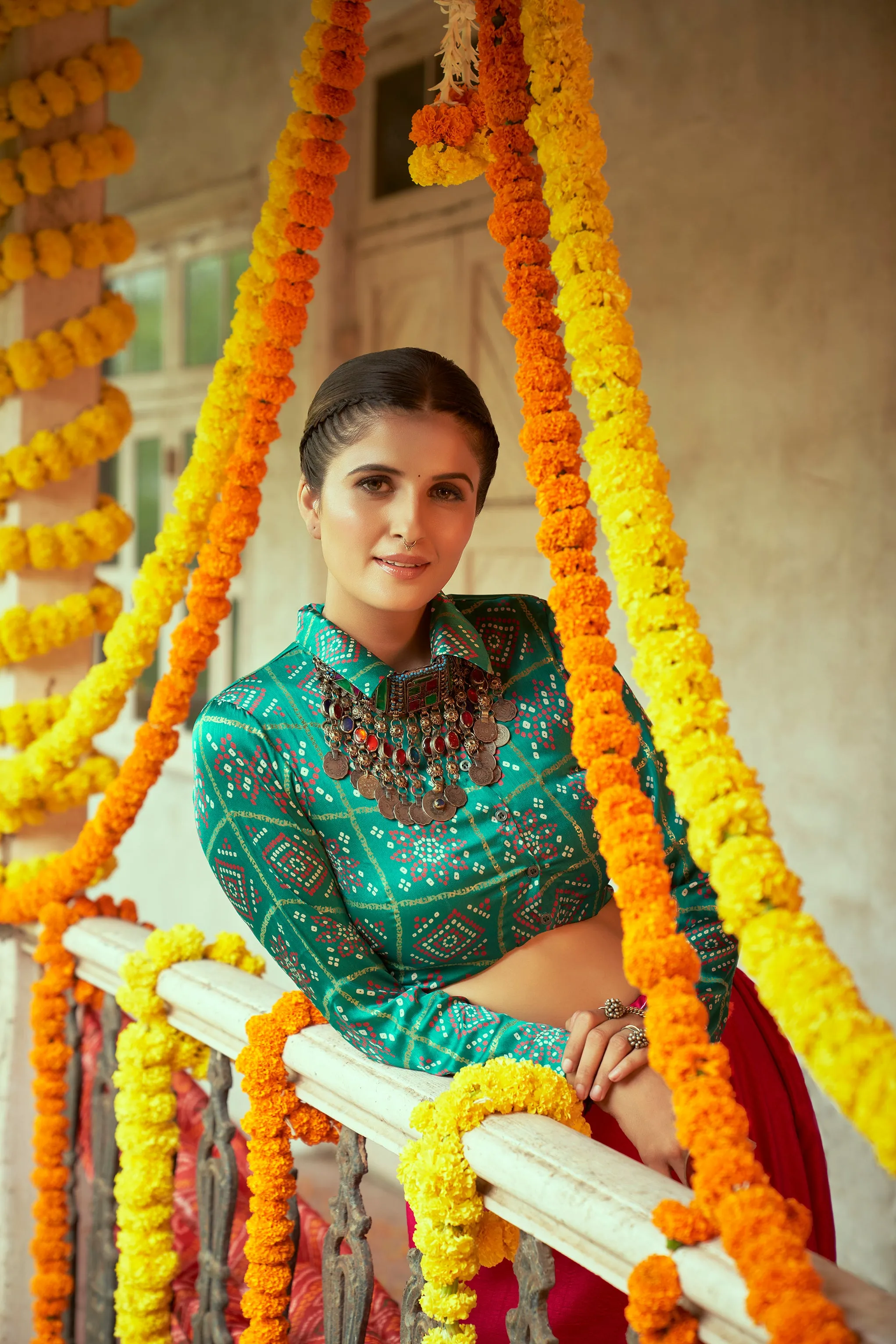 Green With Pink Color Navratri Special Ready To Wear Crop top Lehenga