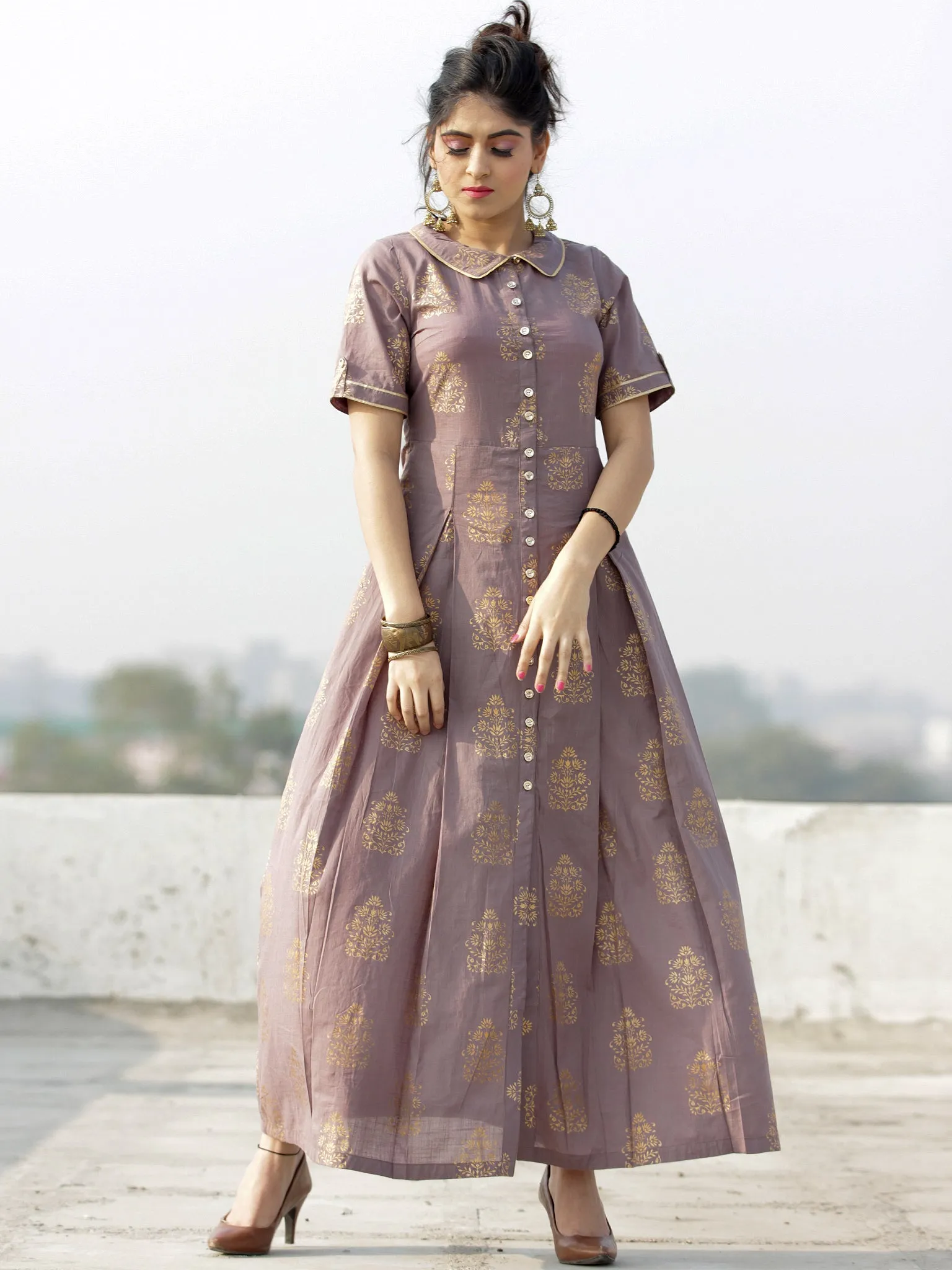 Gul Azar - Rosewood Gold Block Printed Long Dress - D383F2002