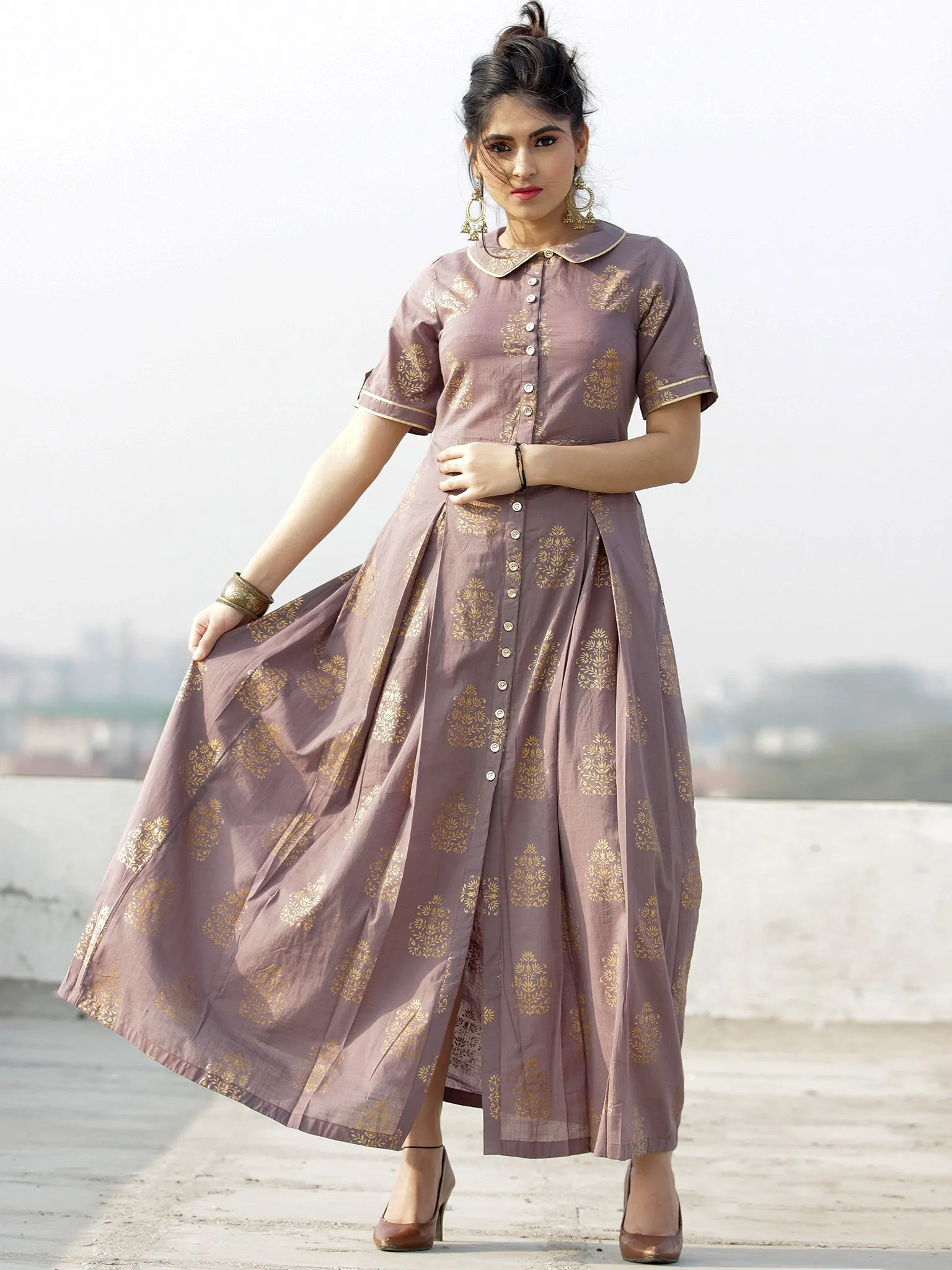 Gul Azar - Rosewood Gold Block Printed Long Dress - D383F2002