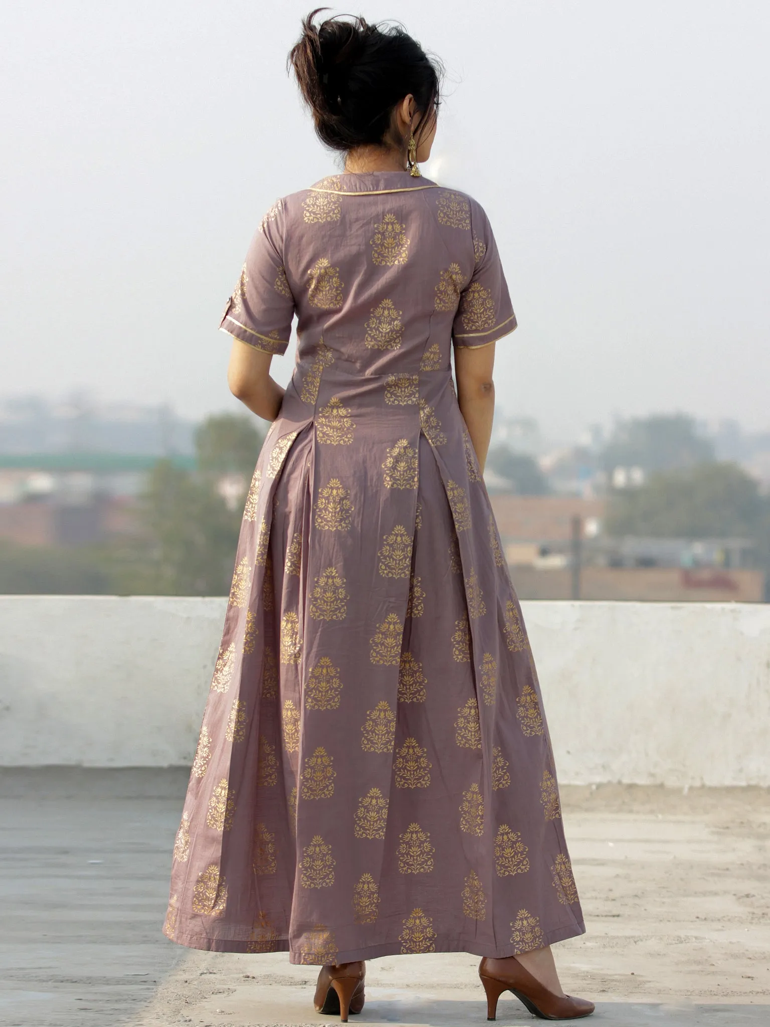 Gul Azar - Rosewood Gold Block Printed Long Dress - D383F2002