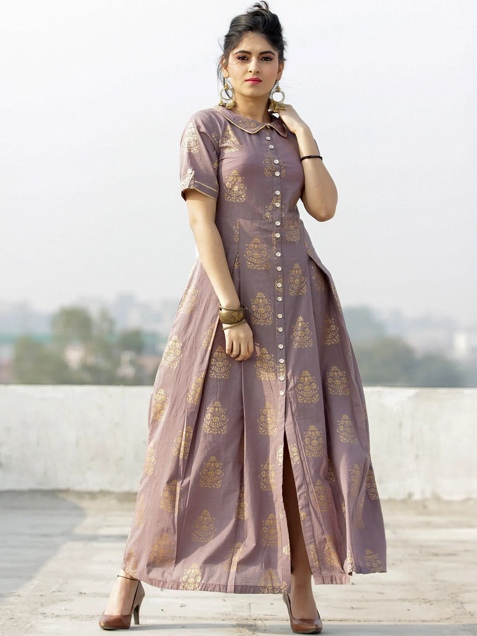 Gul Azar - Rosewood Gold Block Printed Long Dress - D383F2002