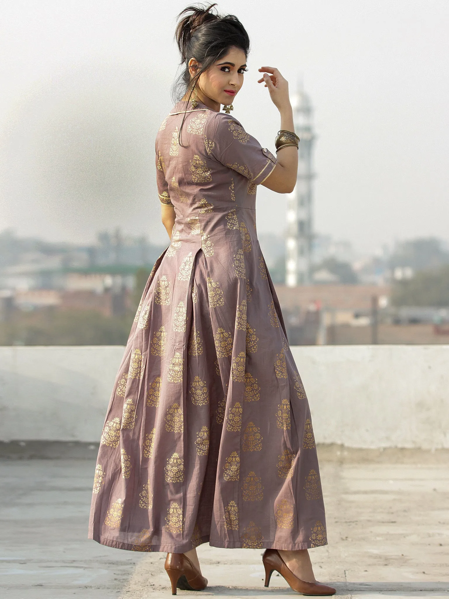 Gul Azar - Rosewood Gold Block Printed Long Dress - D383F2002