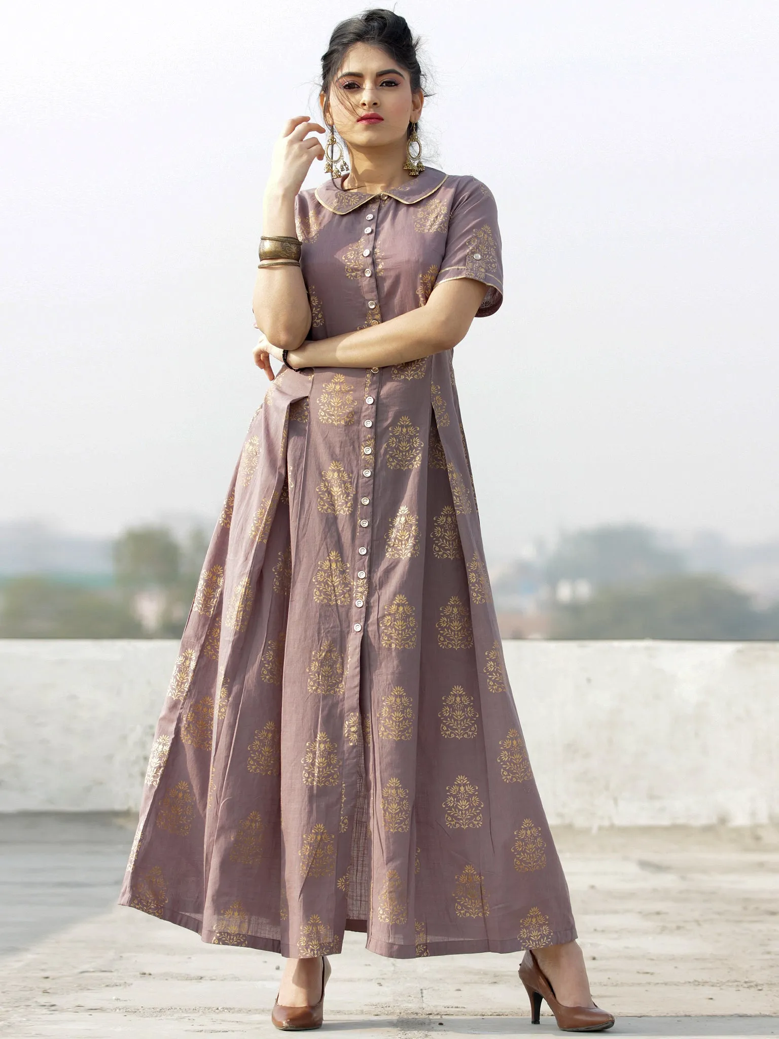 Gul Azar - Rosewood Gold Block Printed Long Dress - D383F2002