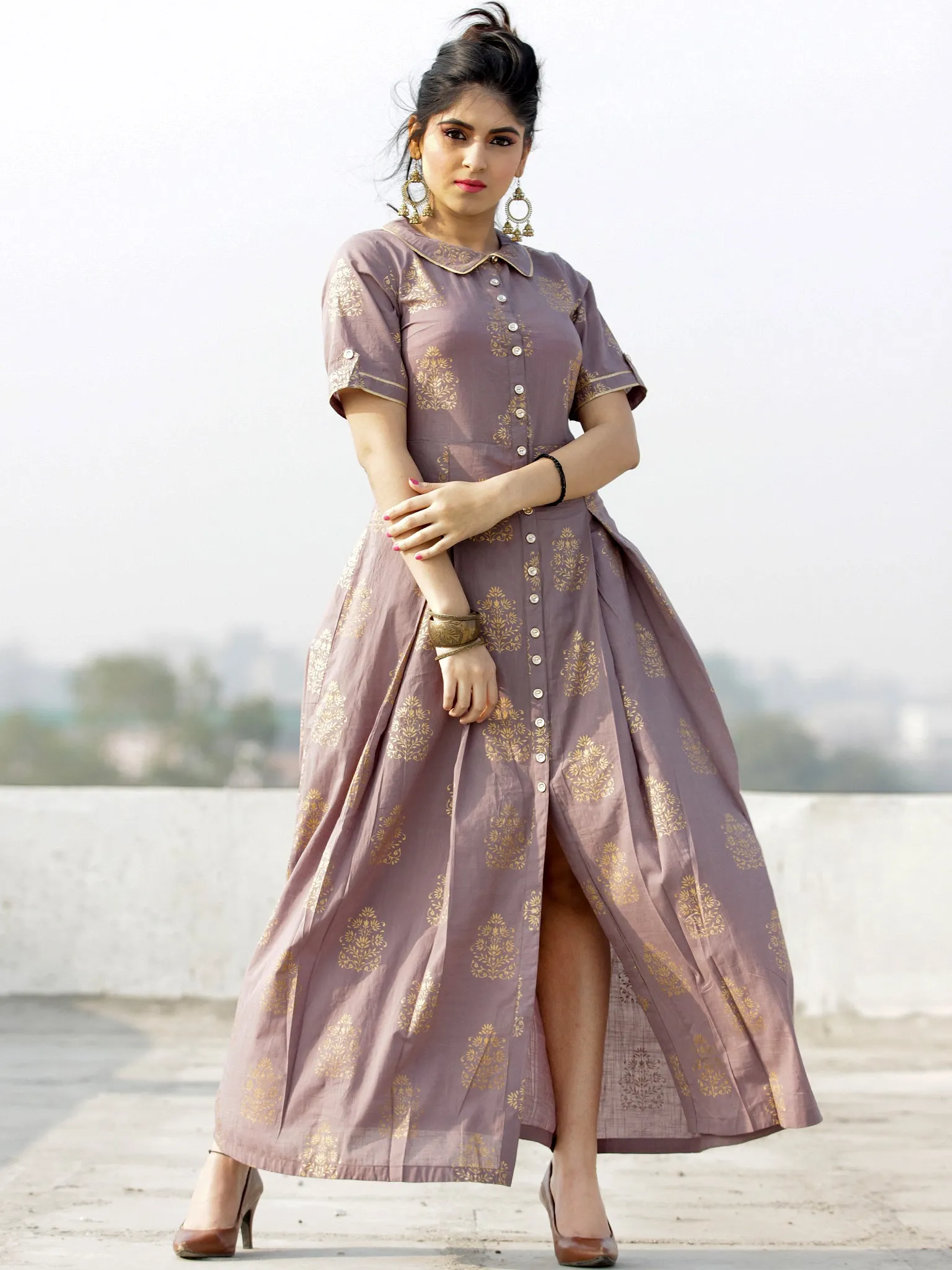 Gul Azar - Rosewood Gold Block Printed Long Dress - D383F2002