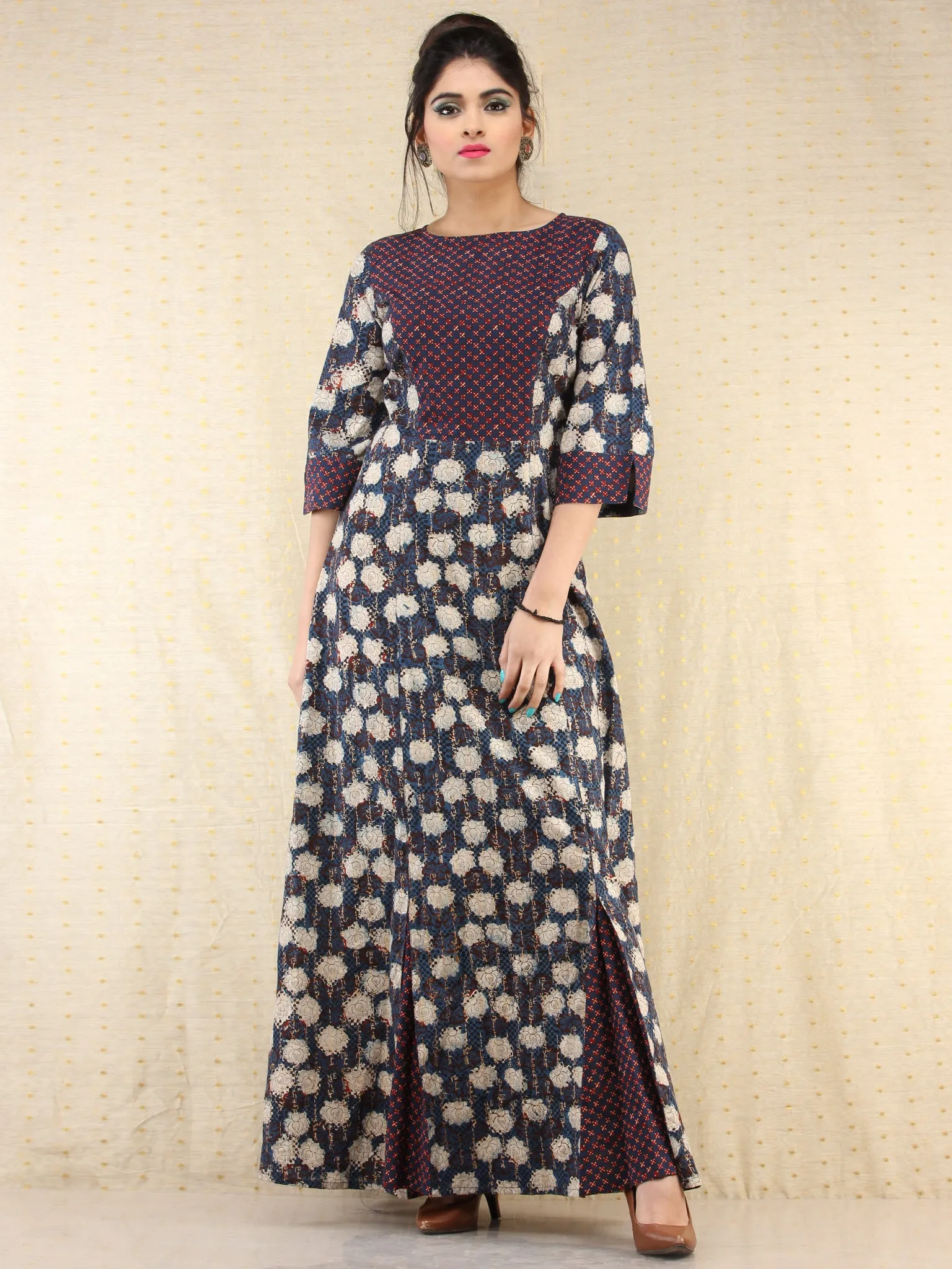 Gulnaz - Hand Block Printed Long Cotton Panel Dress  - D387F2063