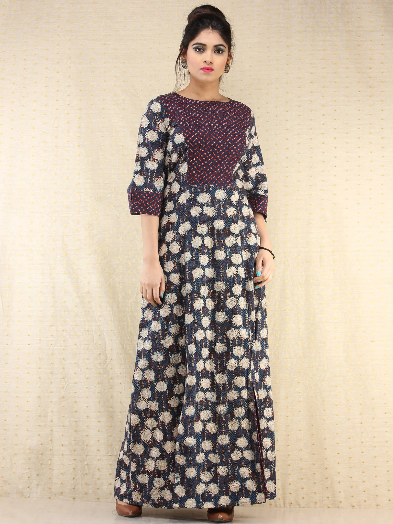 Gulnaz - Hand Block Printed Long Cotton Panel Dress  - D387F2063