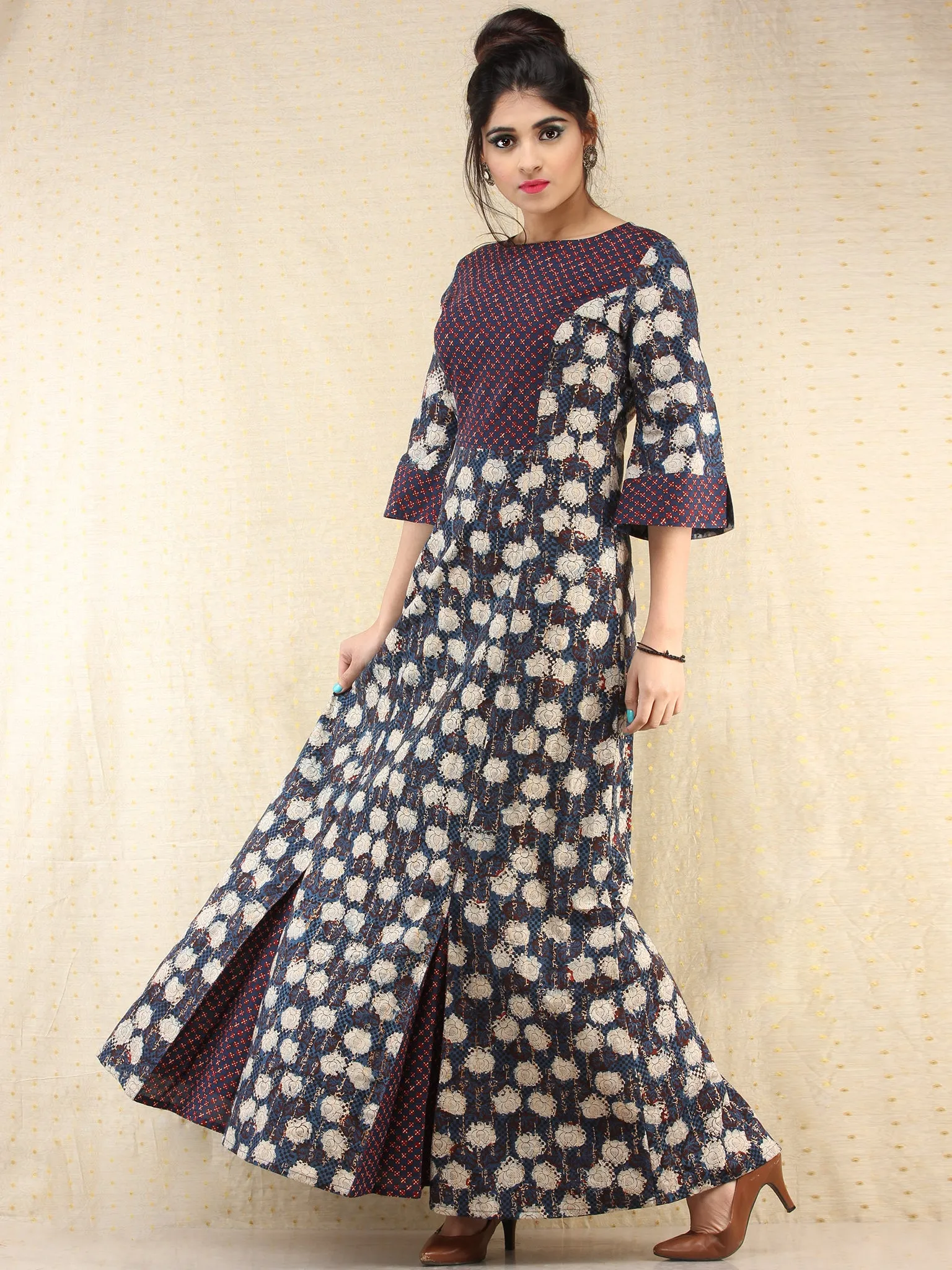 Gulnaz - Hand Block Printed Long Cotton Panel Dress  - D387F2063