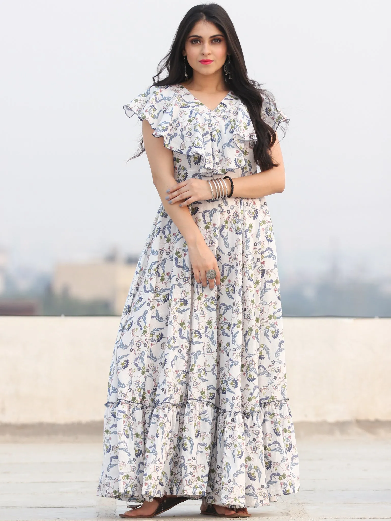 Gulzar Shamaa - Dress - Block Printed Frill Neck Long Dress D455F2291