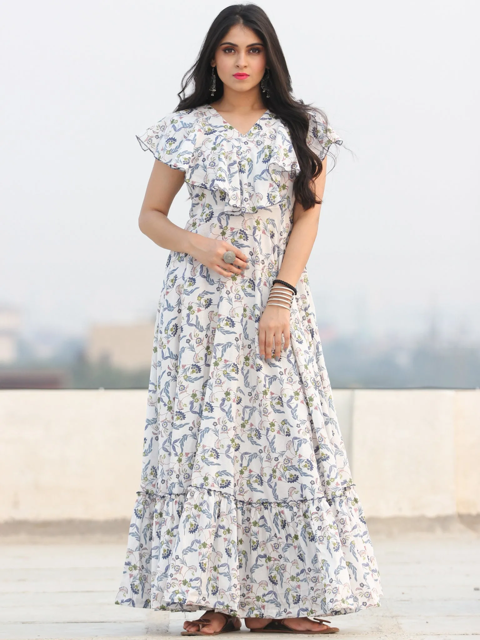 Gulzar Shamaa - Dress - Block Printed Frill Neck Long Dress D455F2291