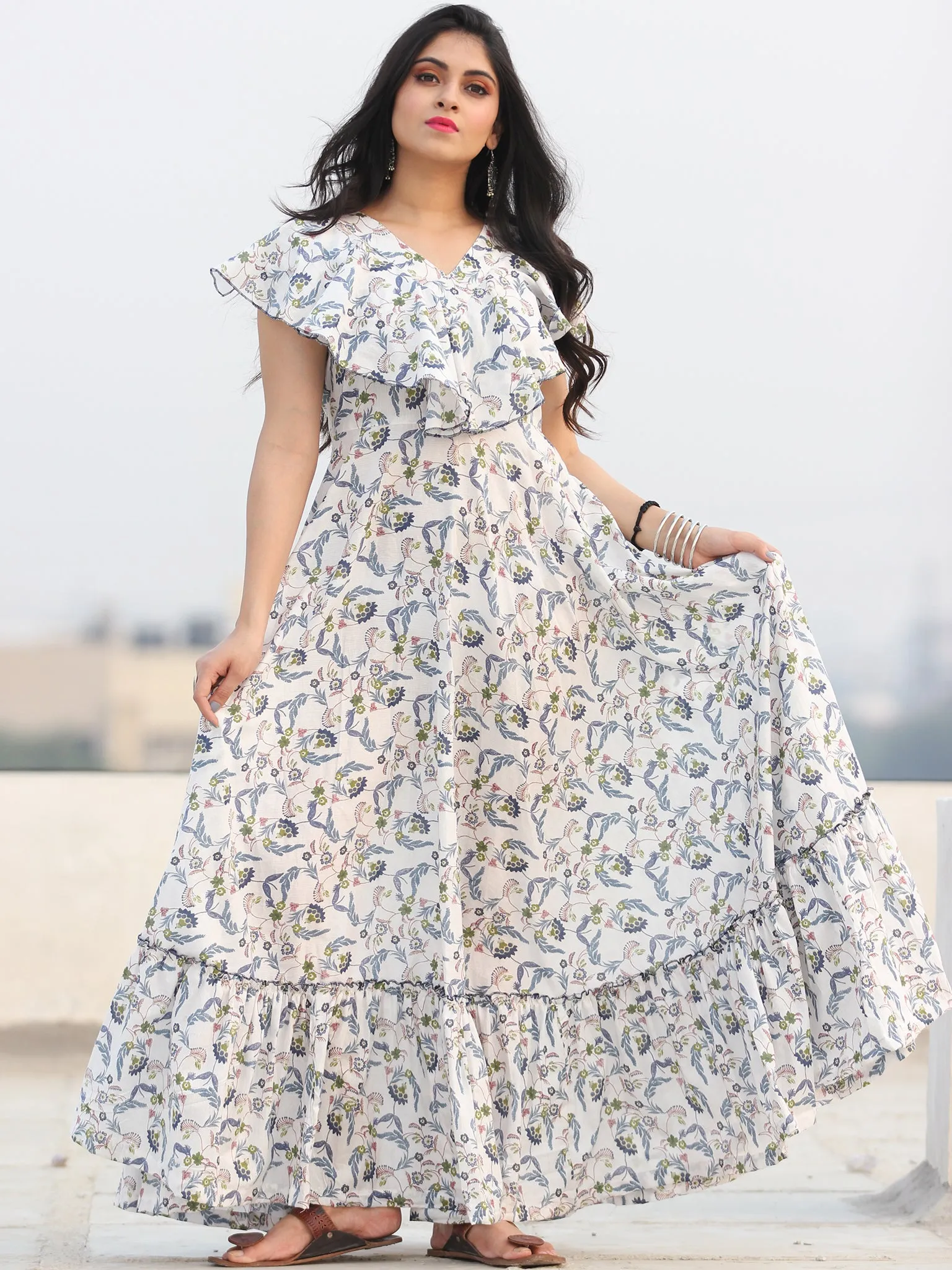 Gulzar Shamaa - Dress - Block Printed Frill Neck Long Dress D455F2291