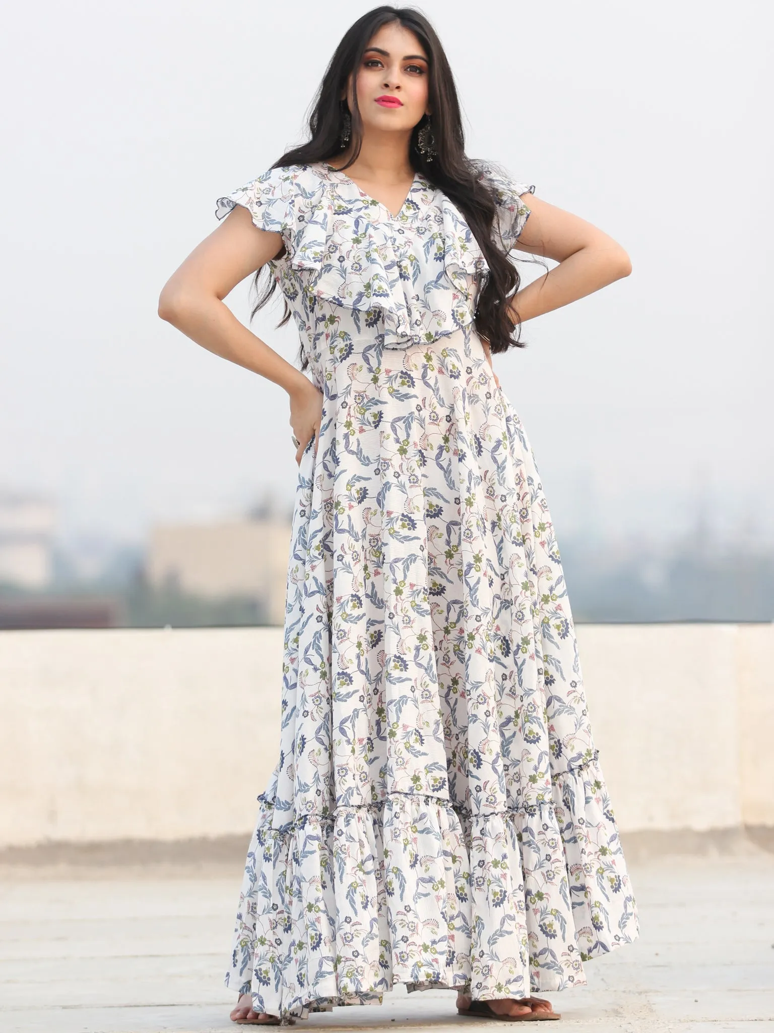 Gulzar Shamaa - Dress - Block Printed Frill Neck Long Dress D455F2291