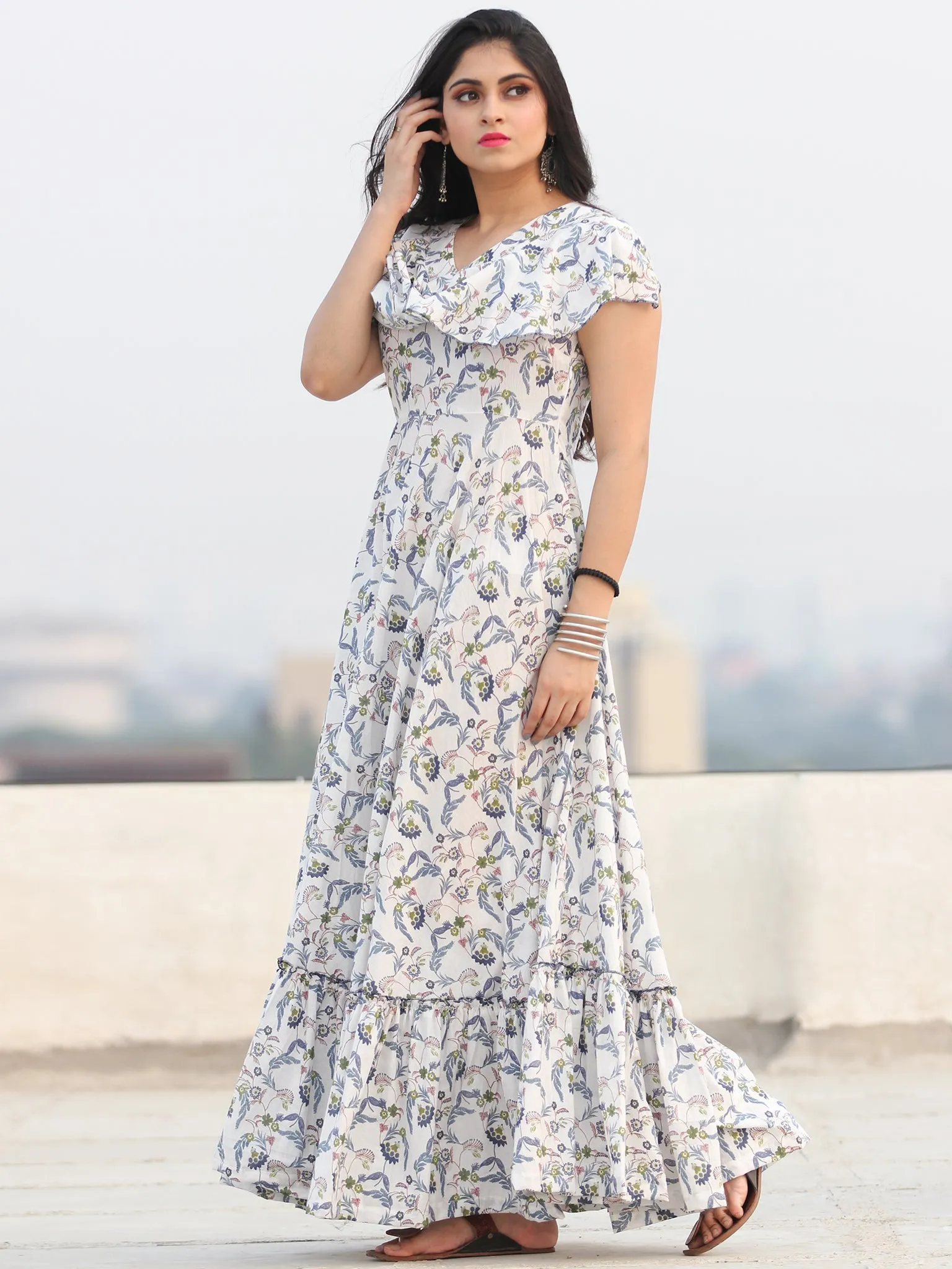 Gulzar Shamaa - Dress - Block Printed Frill Neck Long Dress D455F2291