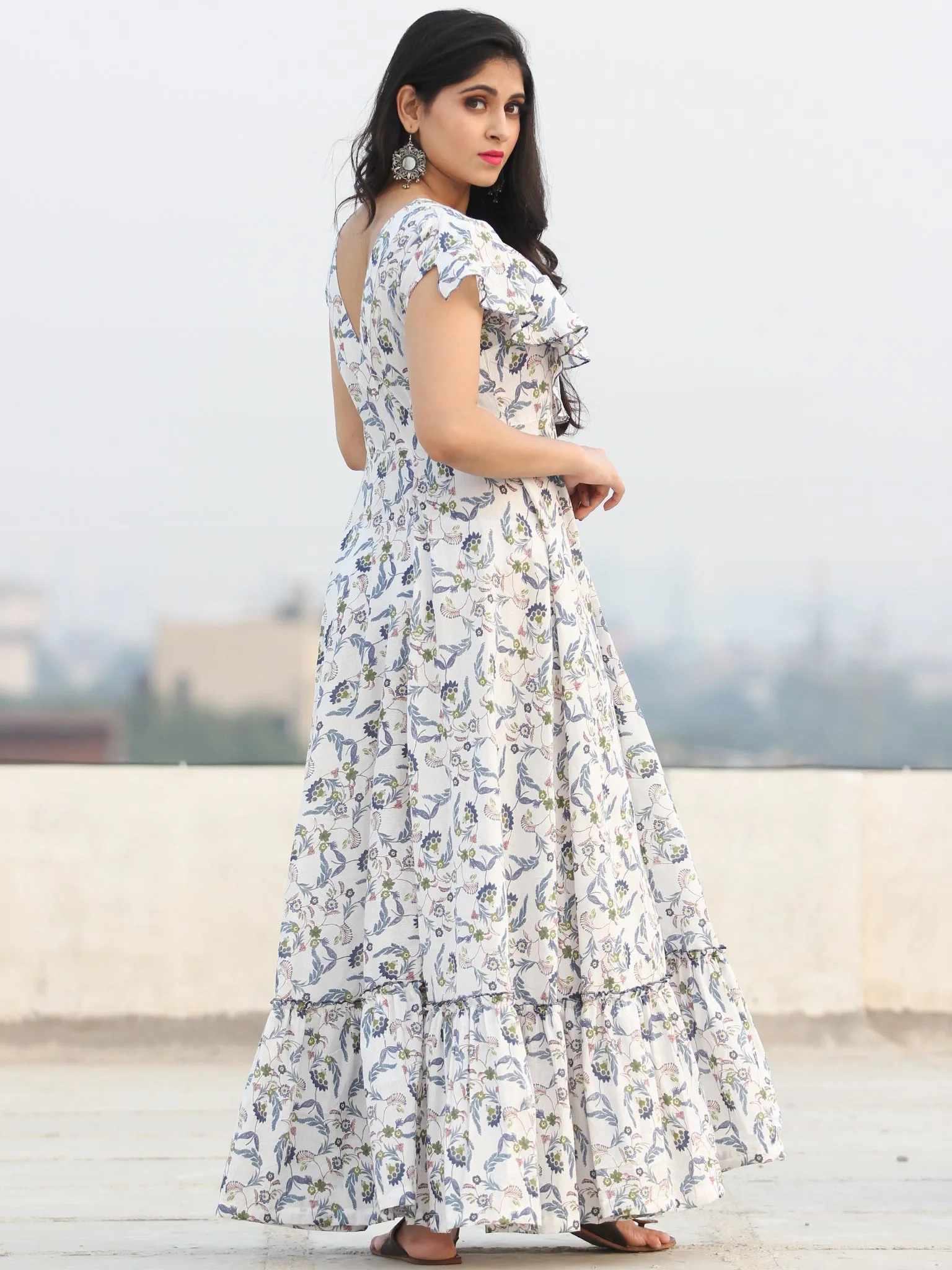 Gulzar Shamaa - Dress - Block Printed Frill Neck Long Dress D455F2291