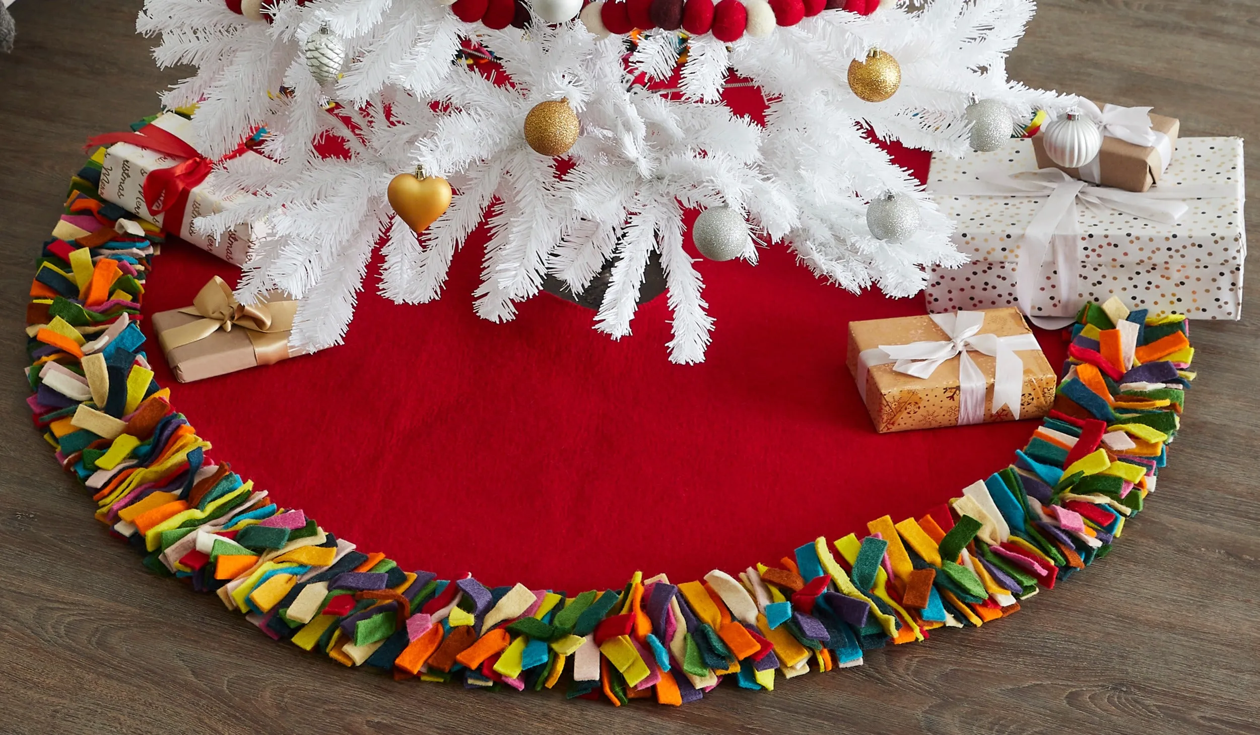 Handmade Felt Wool Christmas Tree Skirt - Multicolor Fringe Border on Red - 51"