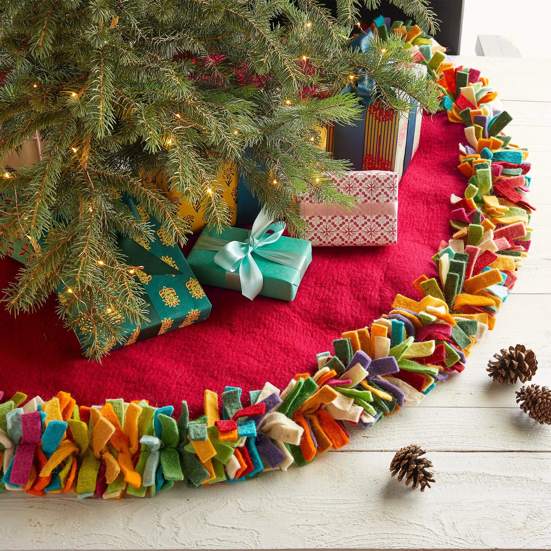 Handmade Felt Wool Christmas Tree Skirt - Multicolor Fringe Border on Red - 51"