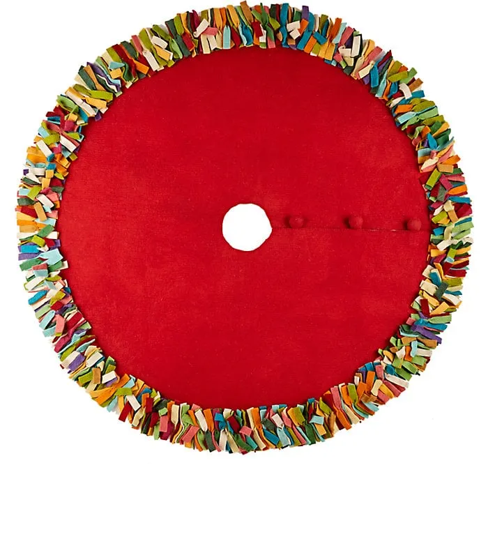 Handmade Felt Wool Christmas Tree Skirt - Multicolor Fringe Border on Red - 51"