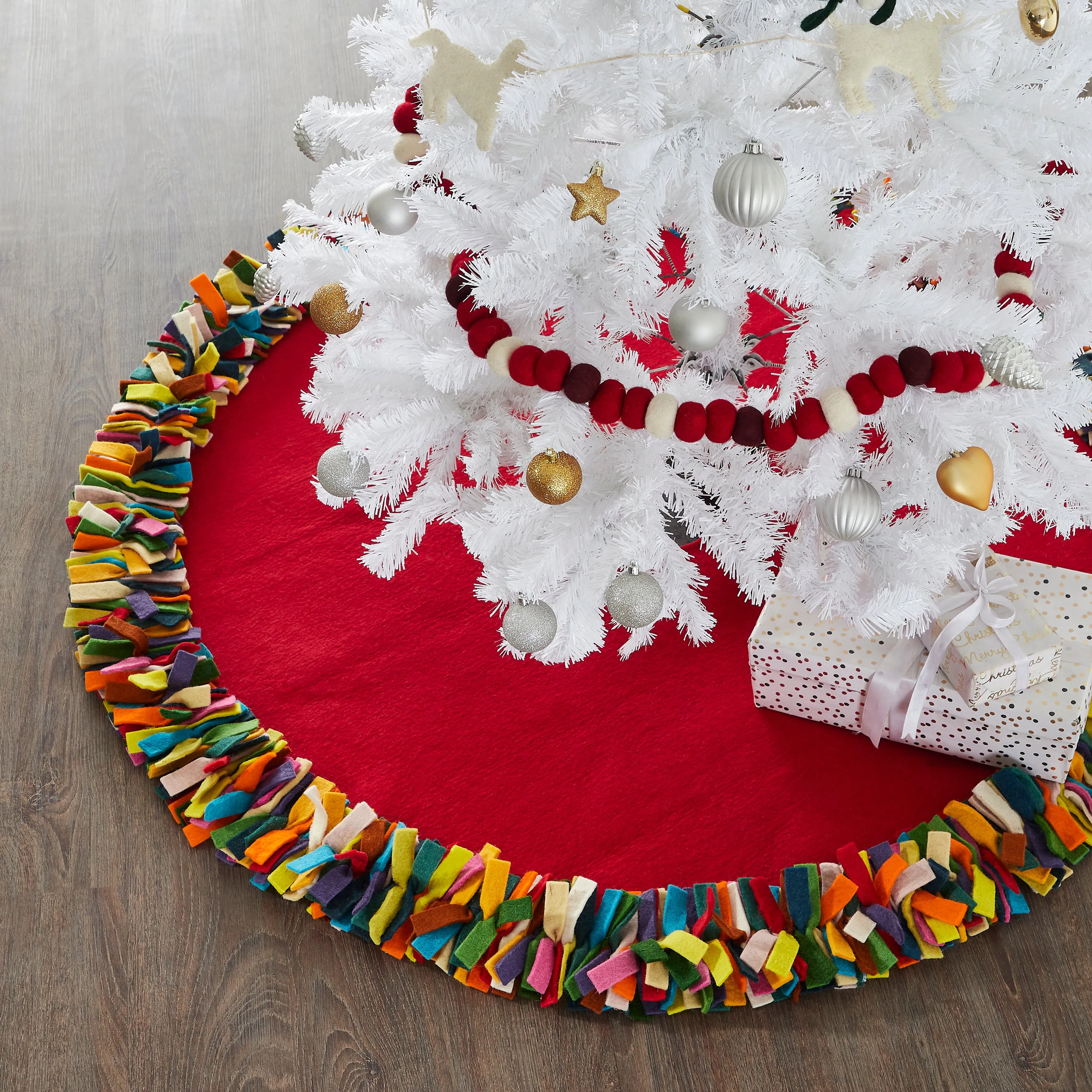 Handmade Felt Wool Christmas Tree Skirt - Multicolor Fringe Border on Red - 51"