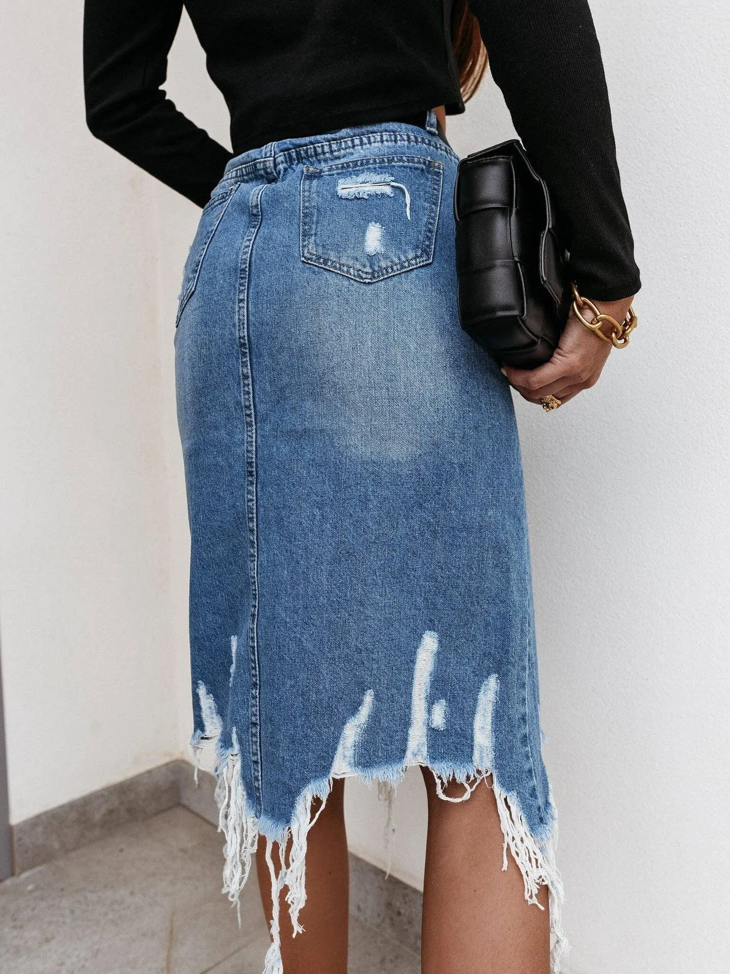 High Waist Distressed Split Daily Denim Midi Skirt SKS6697