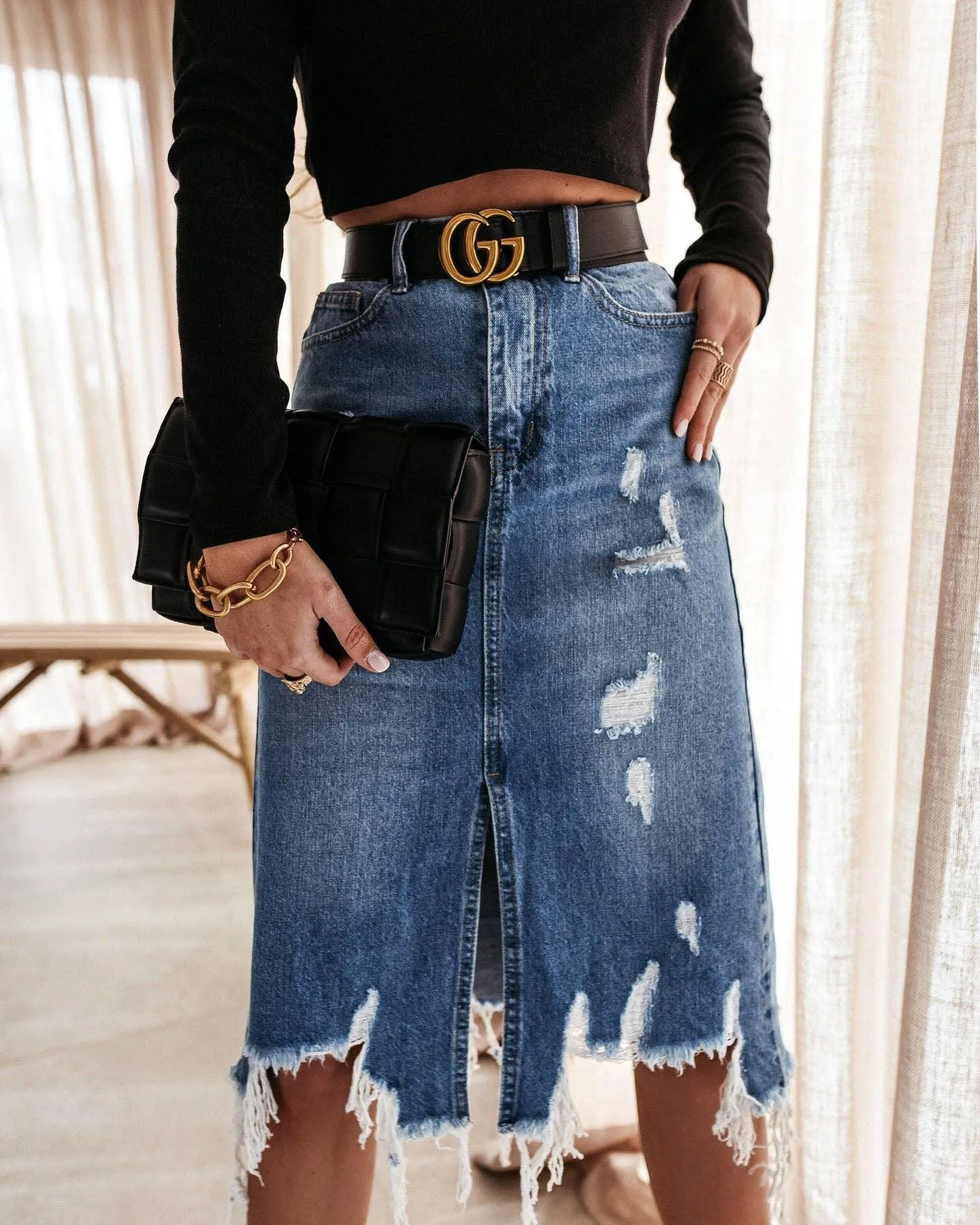 High Waist Distressed Split Daily Denim Midi Skirt SKS6697