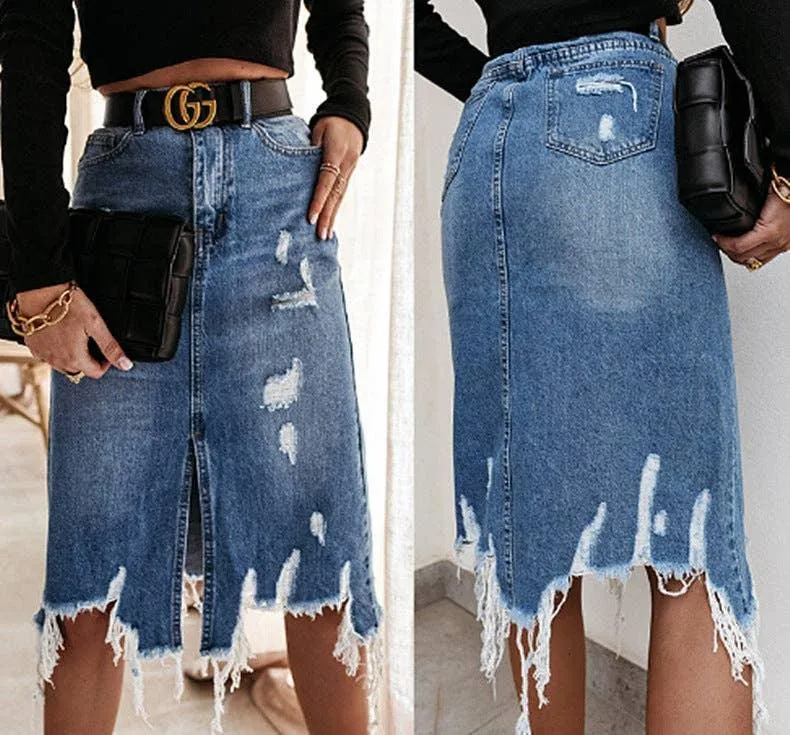 High Waist Distressed Split Daily Denim Midi Skirt SKS6697