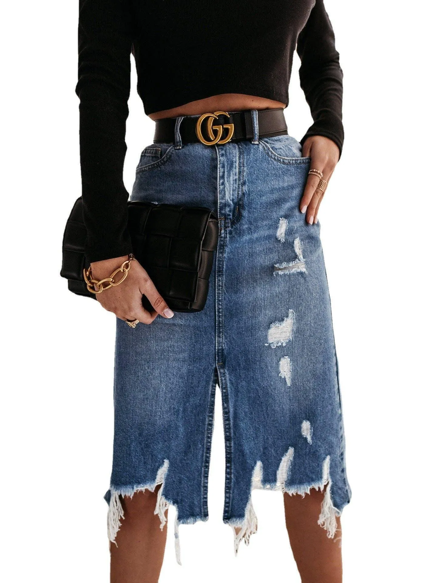 High Waist Distressed Split Daily Denim Midi Skirt SKS6697