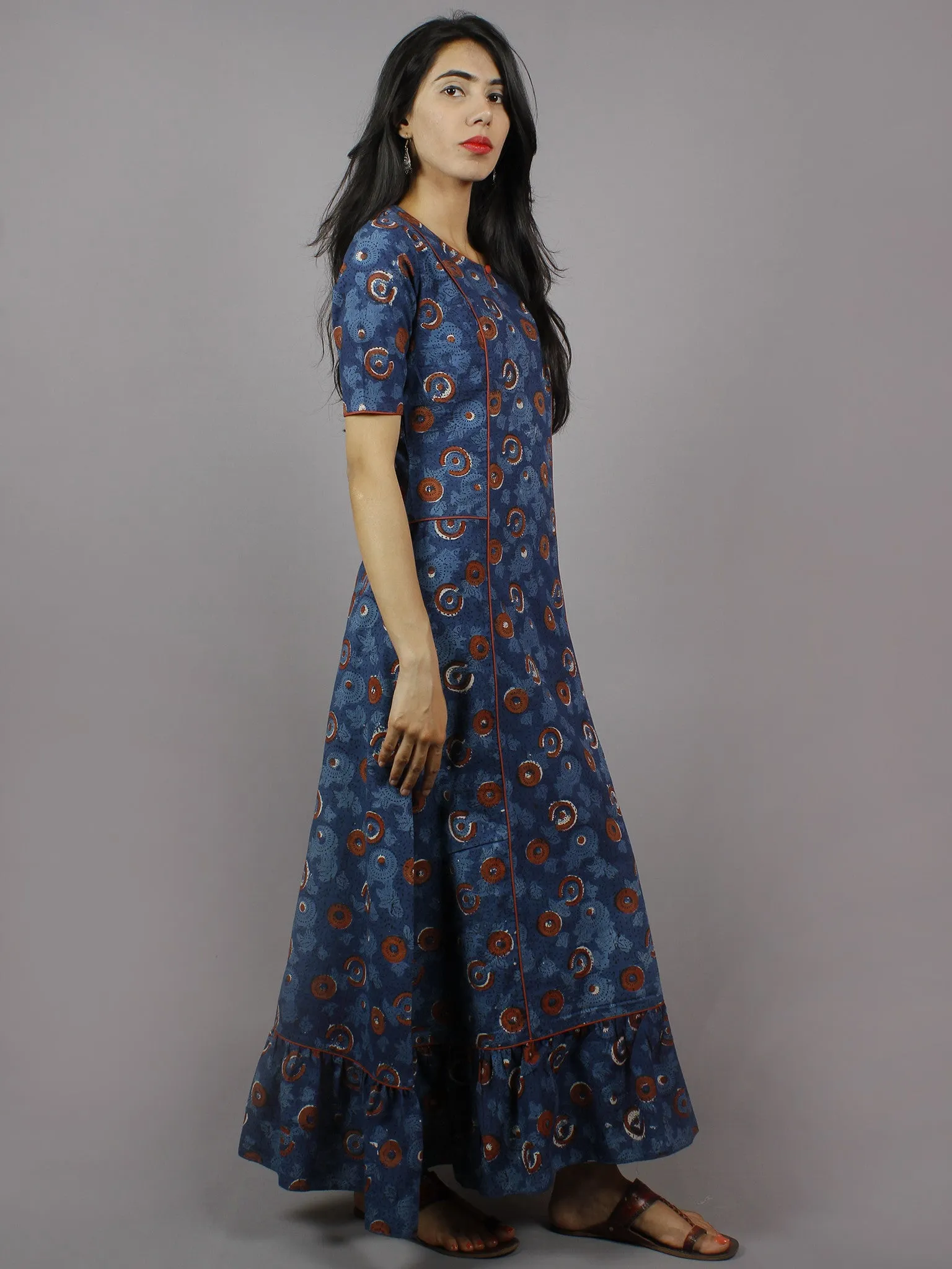 Indigo Brick Red Ivory Hand Block Printed Long Princess Line Cotton Dress - D2600102