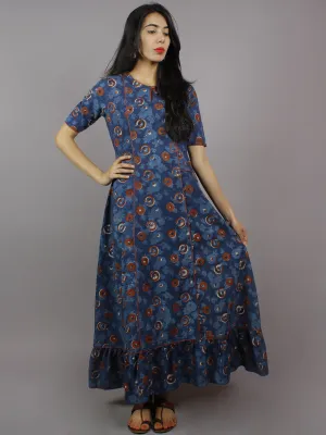 Indigo Brick Red Ivory Hand Block Printed Long Princess Line Cotton Dress - D2600102