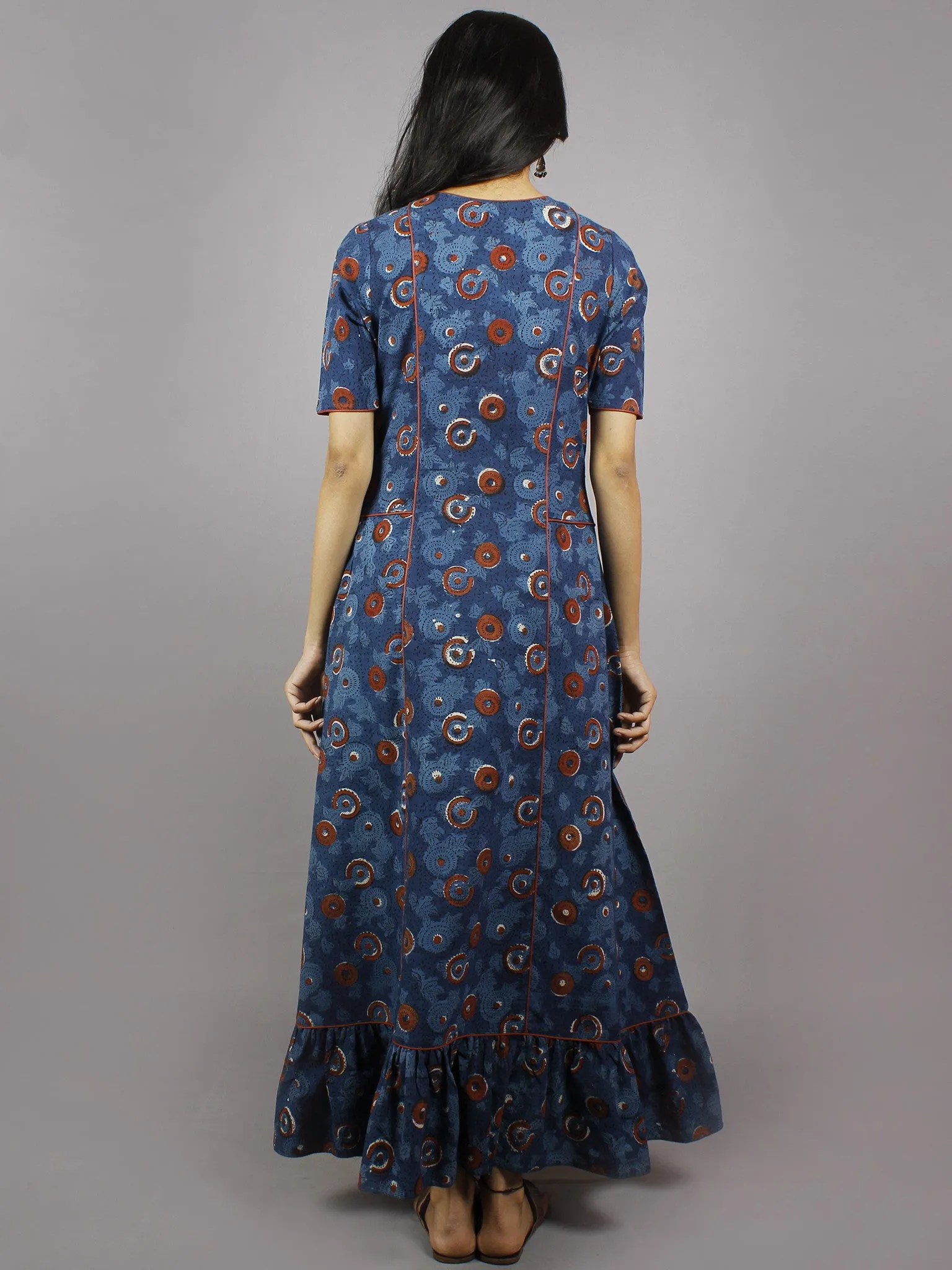 Indigo Brick Red Ivory Hand Block Printed Long Princess Line Cotton Dress - D2600102