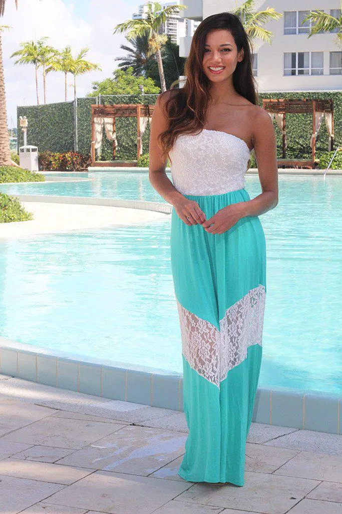 Jade and White Chevron Maxi Dress with Lace