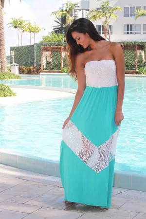 Jade and White Chevron Maxi Dress with Lace