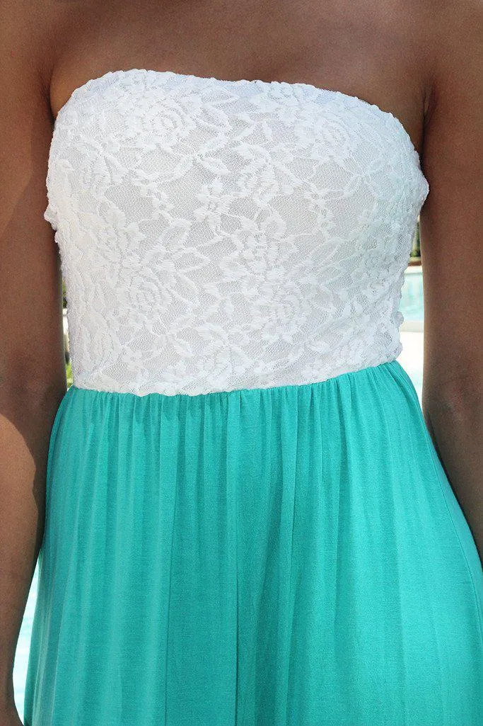 Jade and White Chevron Maxi Dress with Lace