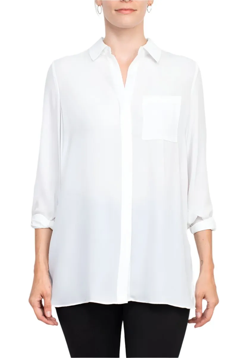 Joan Vass NY collared 3/4 sleeve front button closure chiffon crepe shirt