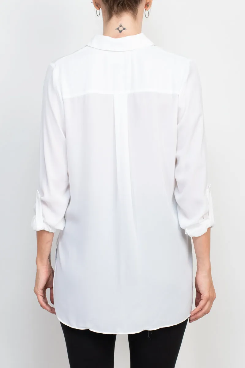 Joan Vass NY collared 3/4 sleeve front button closure chiffon crepe shirt