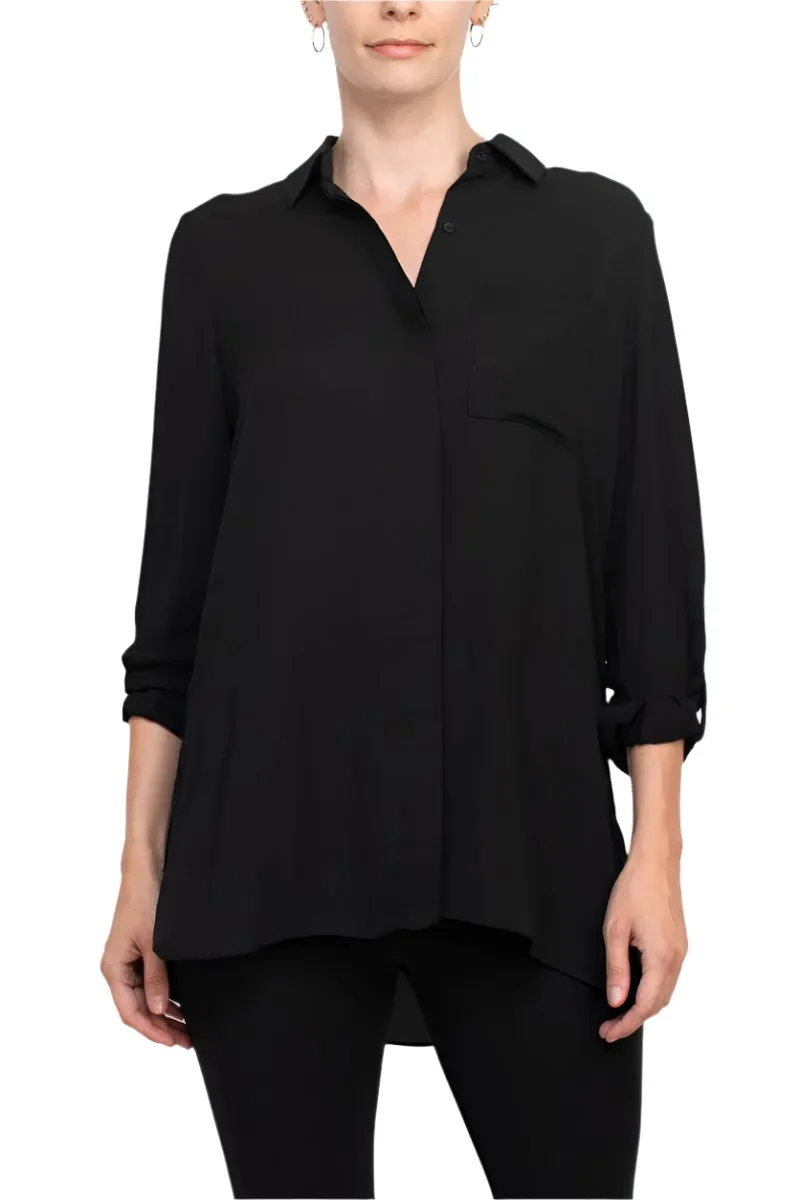 Joan Vass NY collared 3/4 sleeve front button closure chiffon crepe shirt