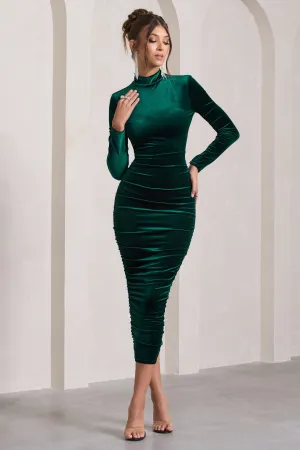 Joanna | Bottle Green Velvet High-Neck Backless Midi Dress