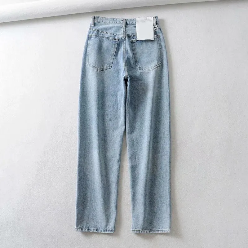 Light Blue Straight Cut Wide Leg Denim Trousers