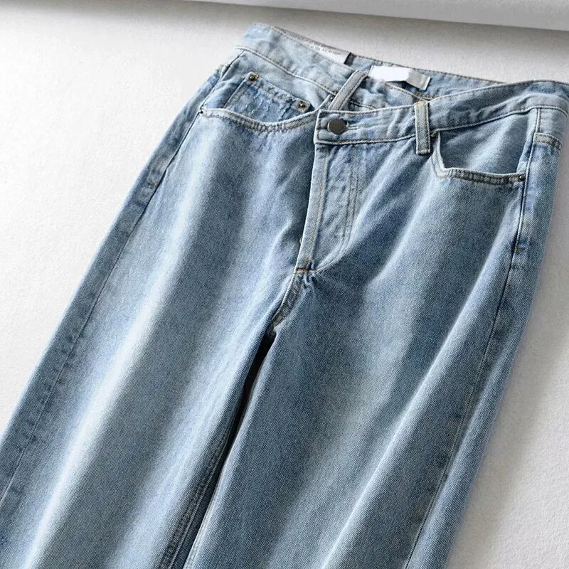 Light Blue Straight Cut Wide Leg Denim Trousers