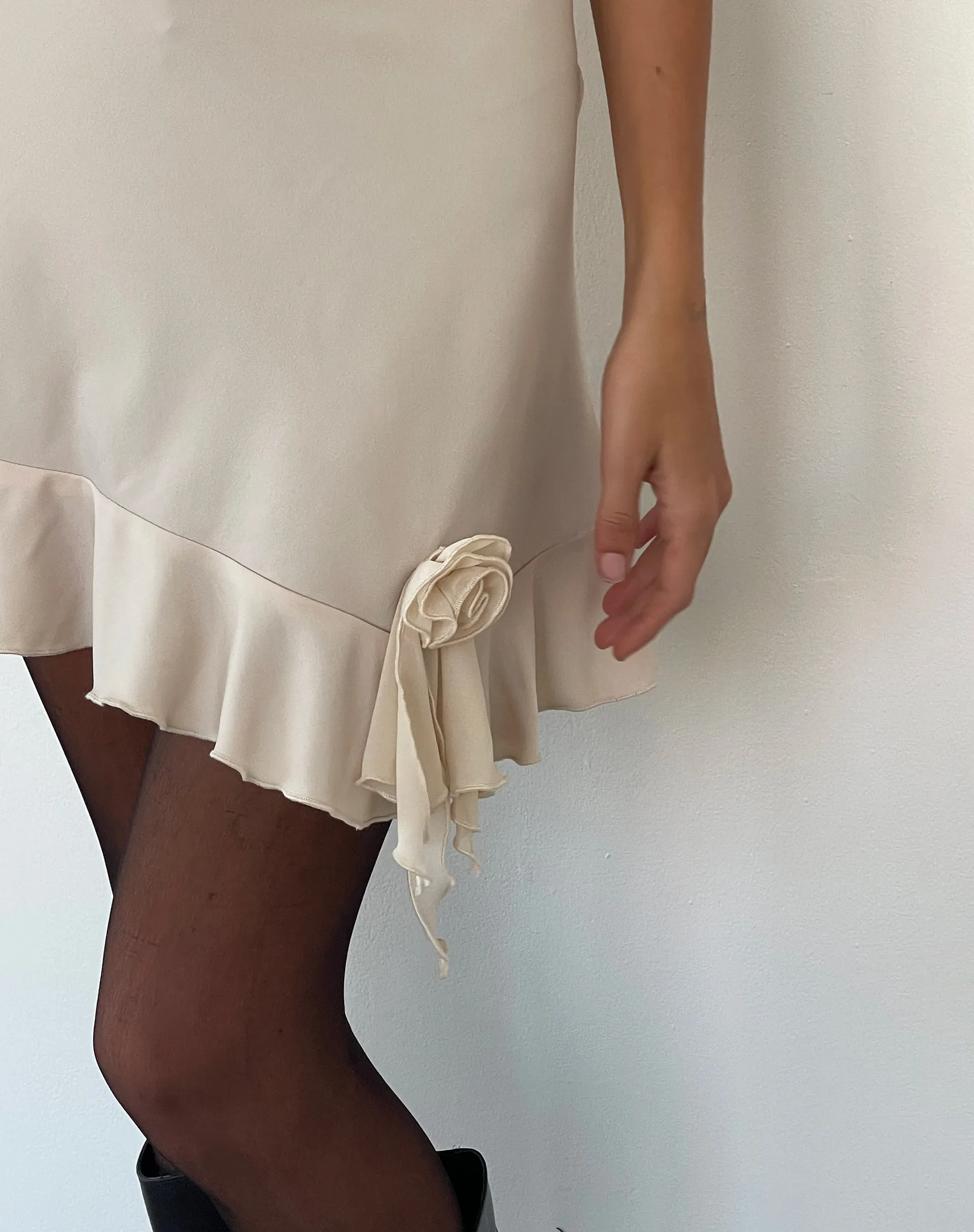 Litera Ruffle Rosette Mini Dress in Cream