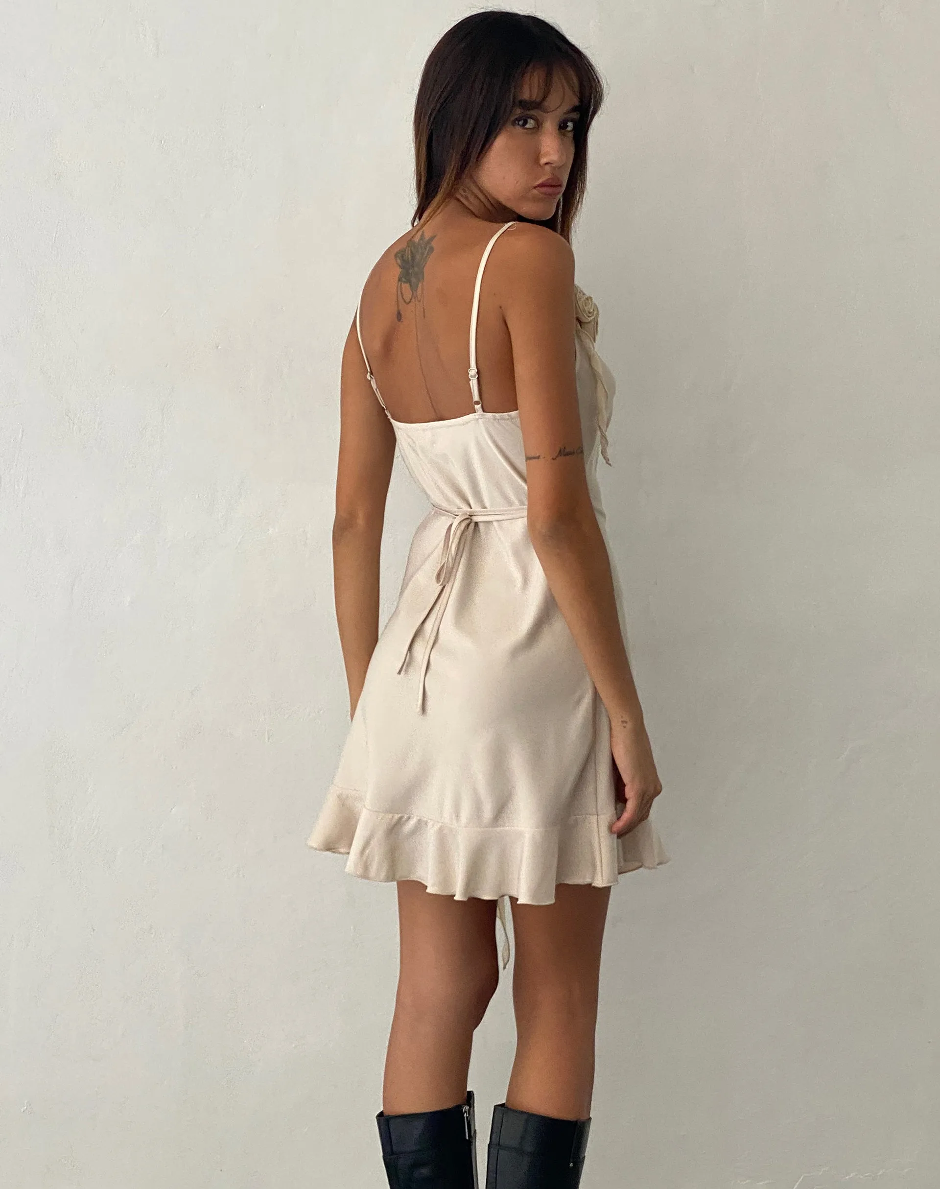 Litera Ruffle Rosette Mini Dress in Cream