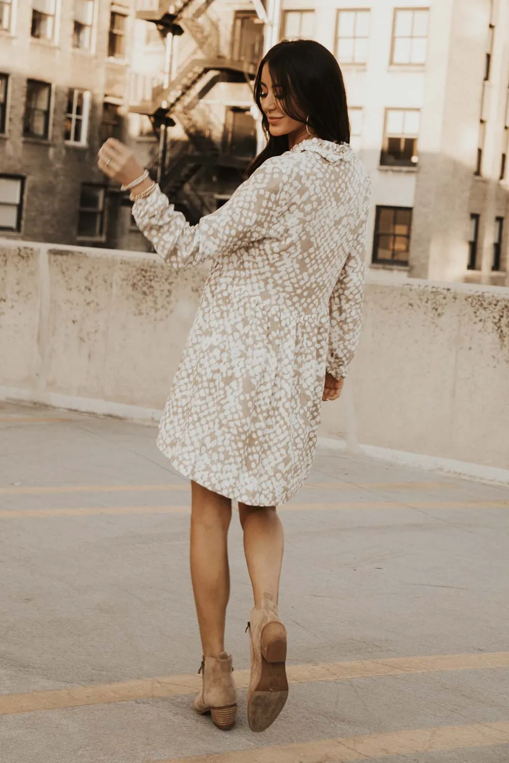 Long Sleeve Printed Babybdoll Dress