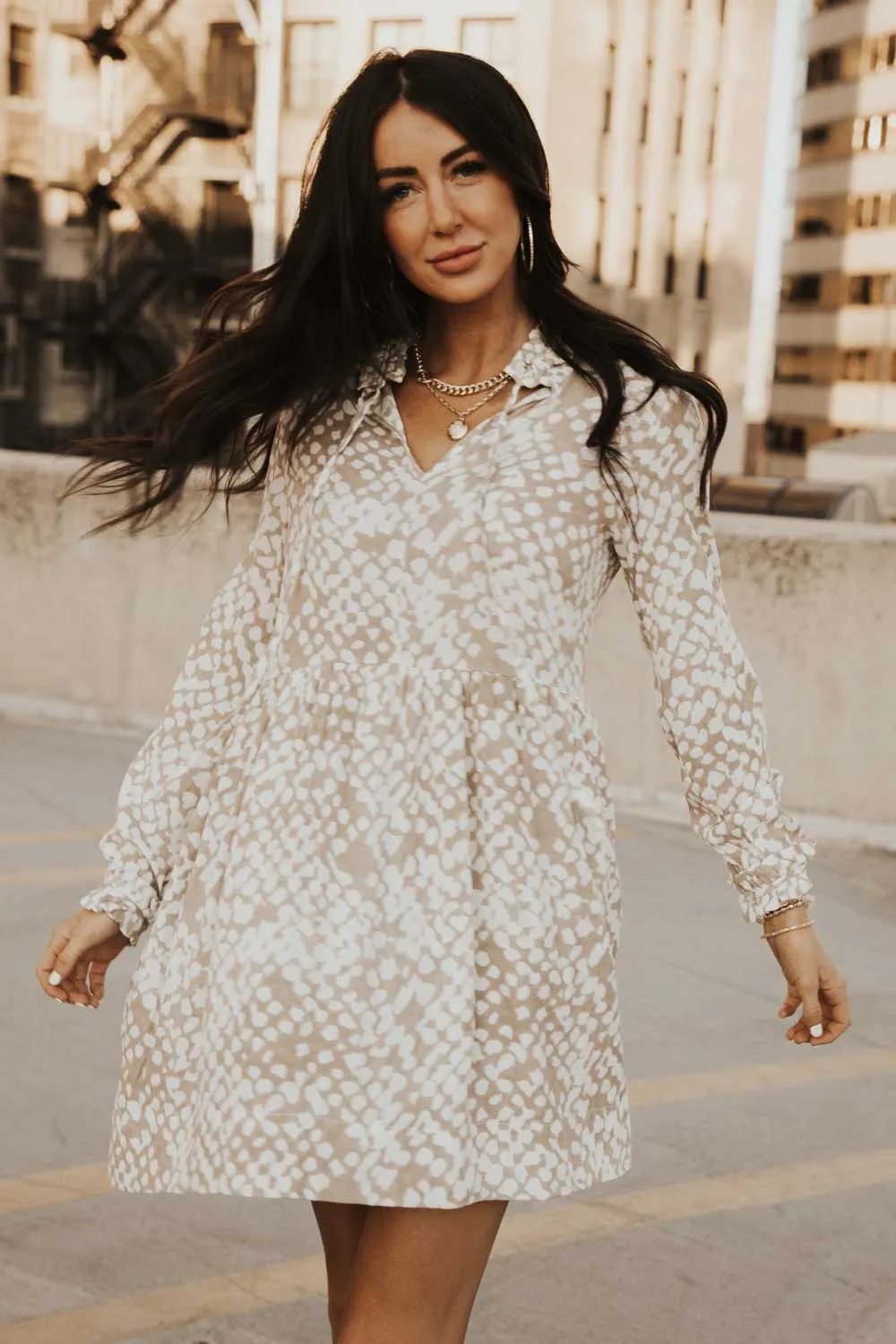 Long Sleeve Printed Babybdoll Dress