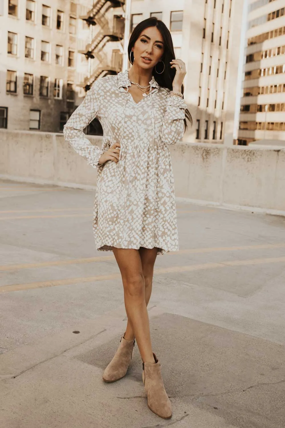 Long Sleeve Printed Babybdoll Dress