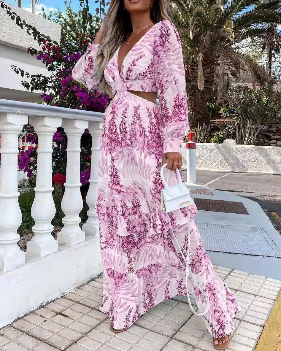 Long Sleeve Printed Cutout Dress