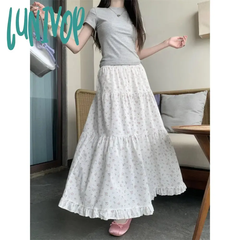 Lunivop 90s fashion Sweet Floral Wooden Ear Cake Skirt Women's Summer Skirt Slimming High Waist A- line Skirt Mid-Length Umbrella Skirt