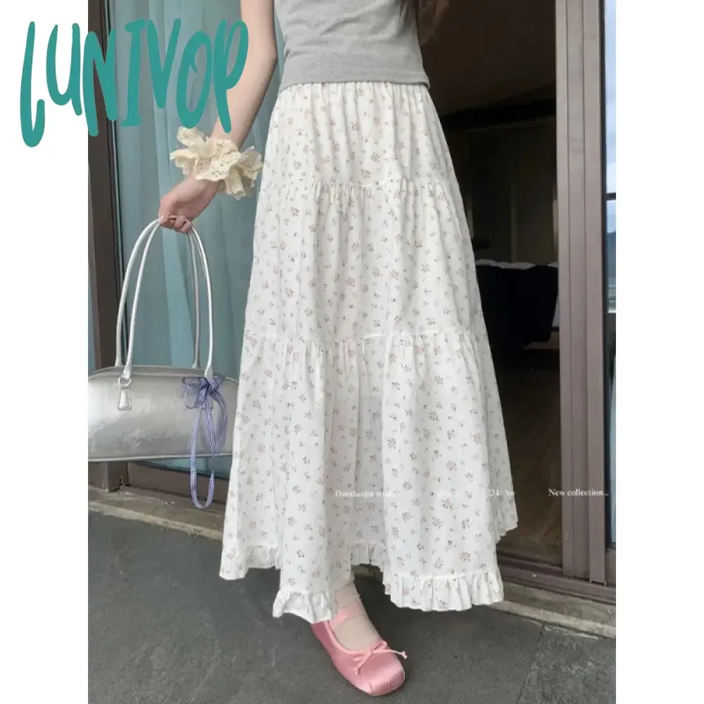 Lunivop 90s fashion Sweet Floral Wooden Ear Cake Skirt Women's Summer Skirt Slimming High Waist A- line Skirt Mid-Length Umbrella Skirt