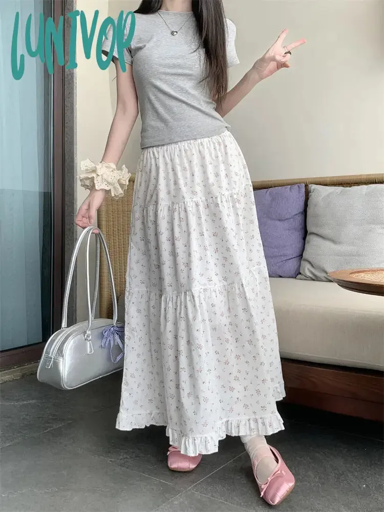 Lunivop 90s fashion Sweet Floral Wooden Ear Cake Skirt Women's Summer Skirt Slimming High Waist A- line Skirt Mid-Length Umbrella Skirt