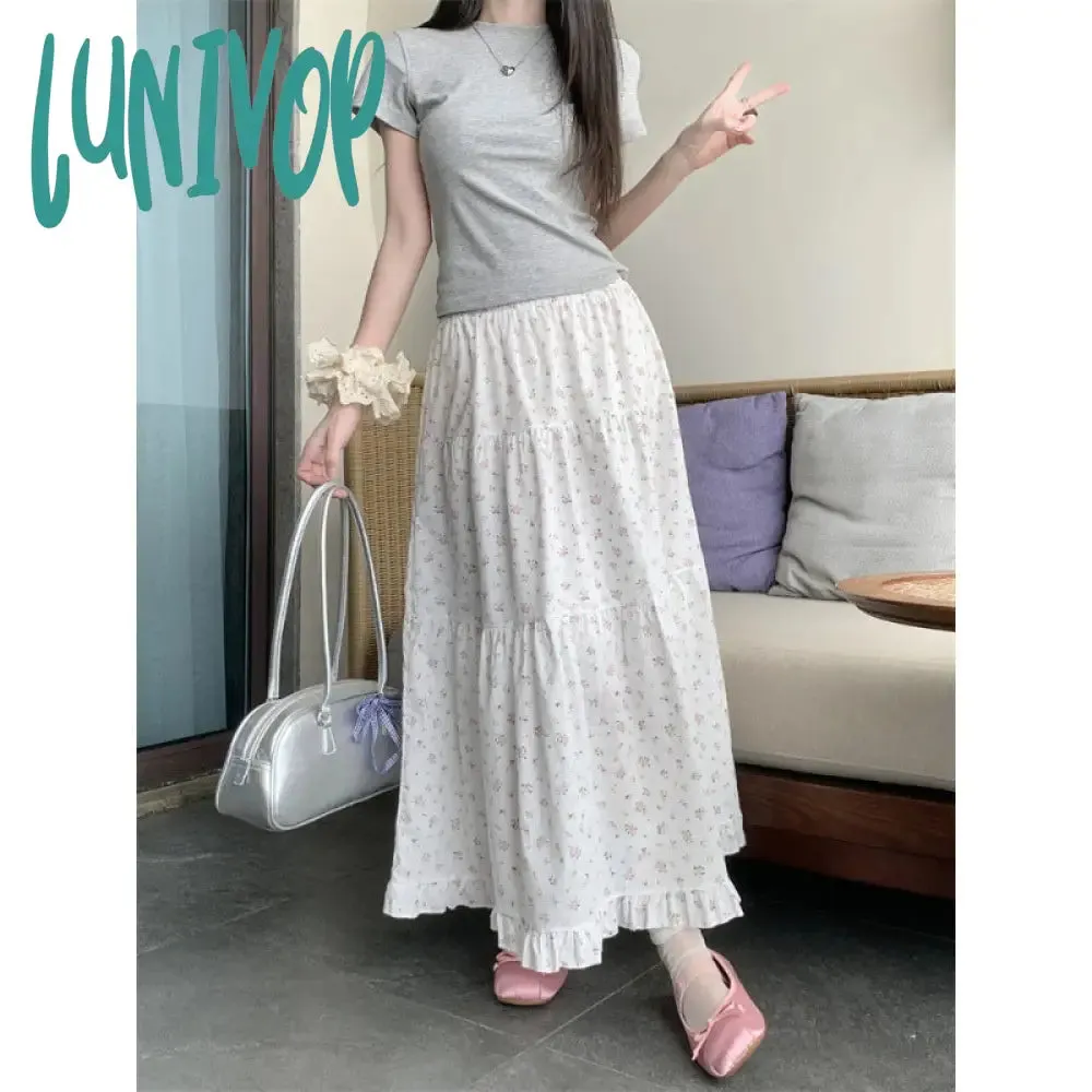 Lunivop 90s fashion Sweet Floral Wooden Ear Cake Skirt Women's Summer Skirt Slimming High Waist A- line Skirt Mid-Length Umbrella Skirt